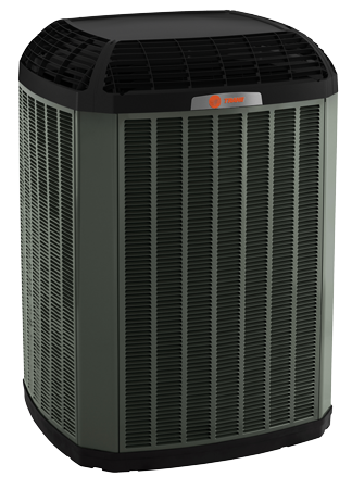 tall black rectangular air conditioner with the Trane logo at the top on the front side.