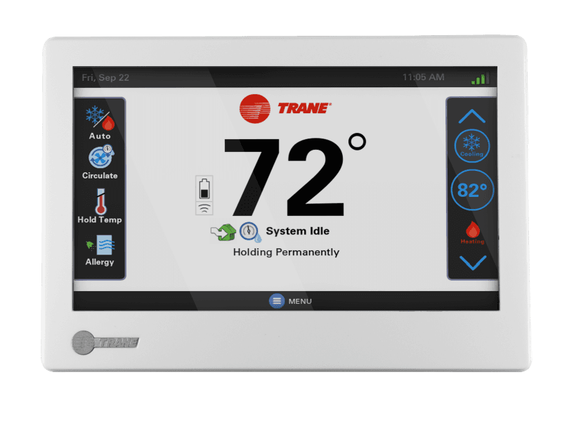 A Trane UX360 smart thermostat with white digital display, large black letters and a red Trane logo.