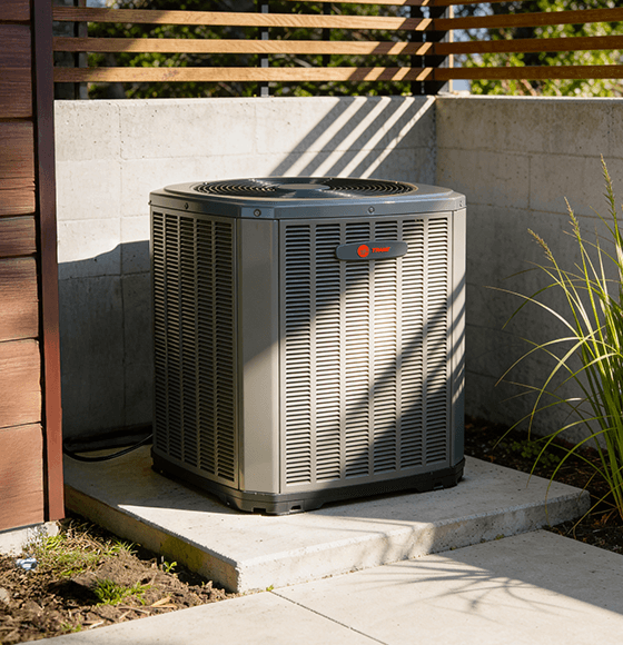 A Trane air conditioner is sitting outside of a home.