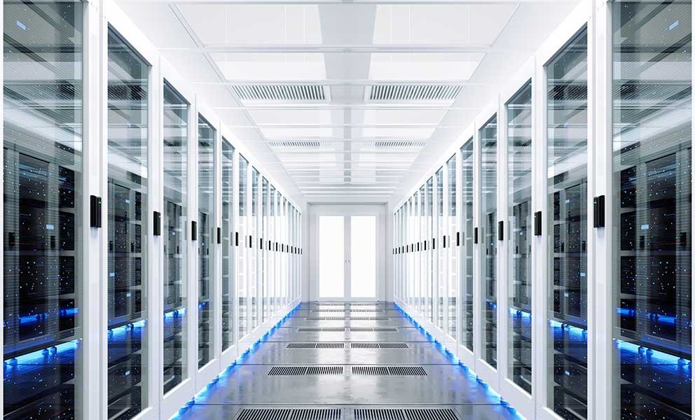 Data server rack center. Backup cloud service. 3D rendering